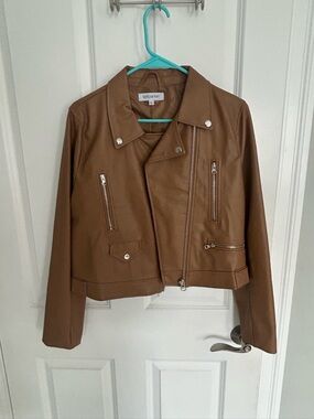 Parker Tan Cropped Faux Leather Moto Jacket